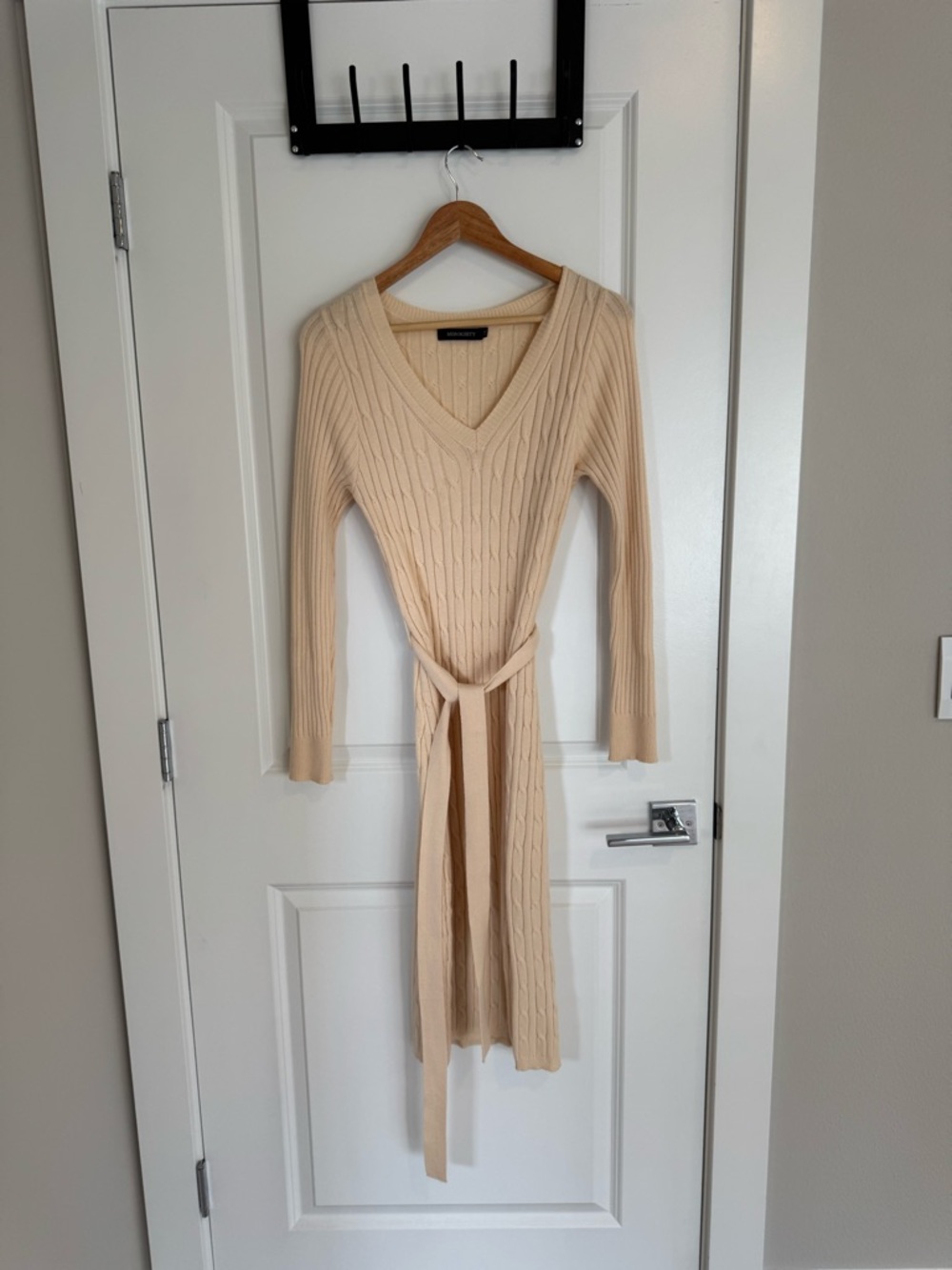 Beige Cable Knit V-Neck Belted Sweater Dress